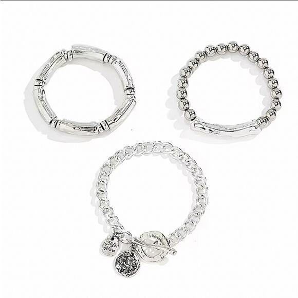 Stainless Steel Bracelet Set Chain Link Bamboo Statement Silver - Picture 5 of 6